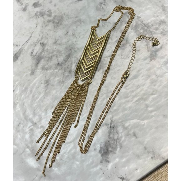 Vintage Chevron Arrows Statement Necklace Gold Tone Long Tassle Chain - Picture 2 of 8